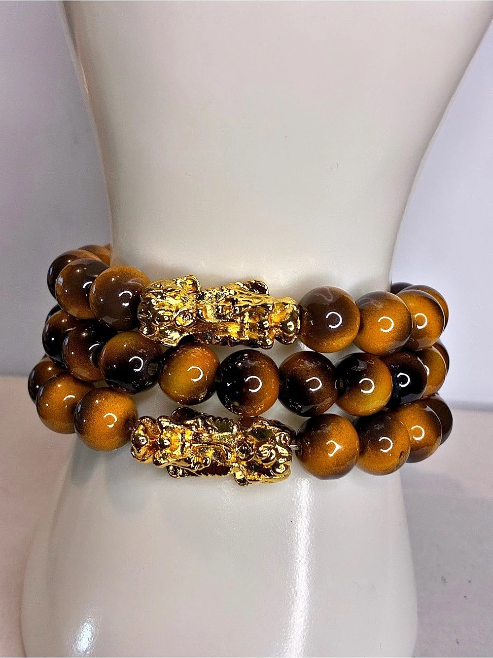 Tiger's Eye Beaded Bracelet in Brown & Gold